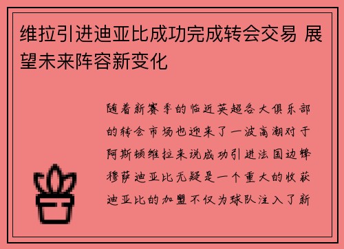 维拉引进迪亚比成功完成转会交易 展望未来阵容新变化