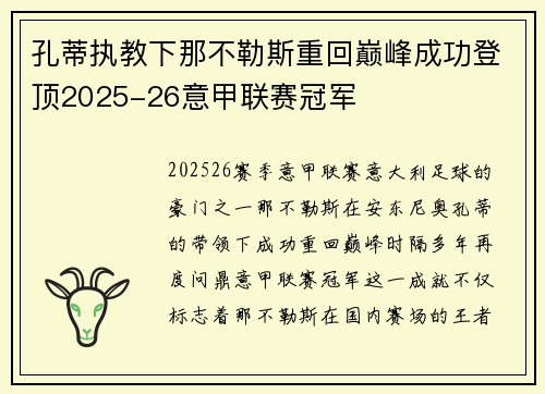 孔蒂执教下那不勒斯重回巅峰成功登顶2025-26意甲联赛冠军